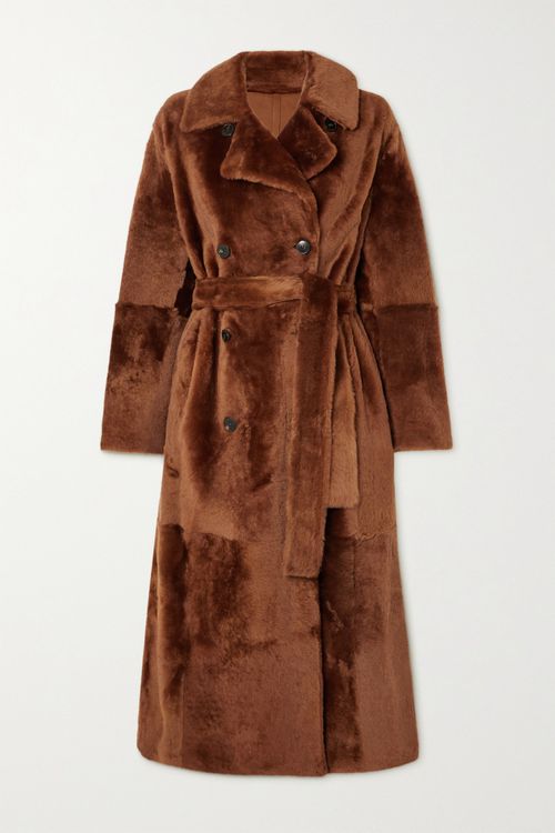 Reversible Belted Double-breasted Shearling Coat - Brown - 34