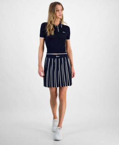 Womens Contrast Tipped Short Sleeve Polo Top Striped Pleated Pull On Sweater Skirt