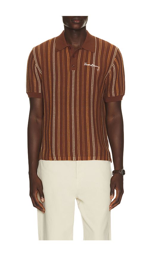 House of Sunny Stripe Knitted Polo in Brown. L. Also in M, S, XL/1X