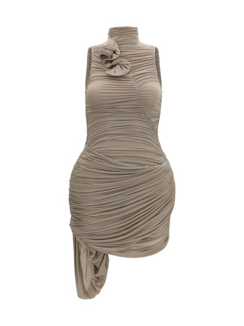 Draped High-Neck Dress — Beige