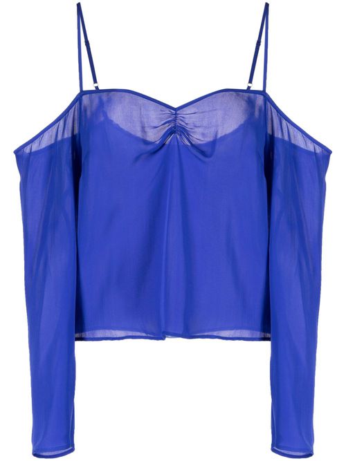 Gathered cold-shoulder silk blouse - Blue