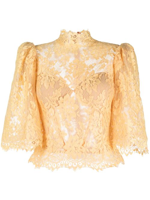 Floral-lace puff-sleeve top - Yellow