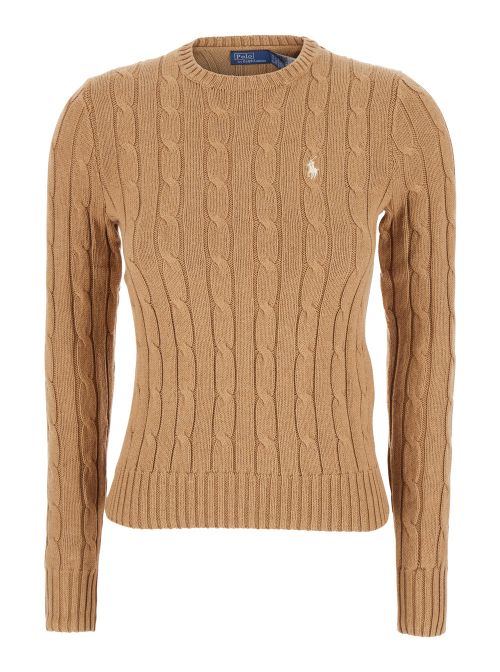 Cable-Knit with Embroidered Pony Sweater — Beige