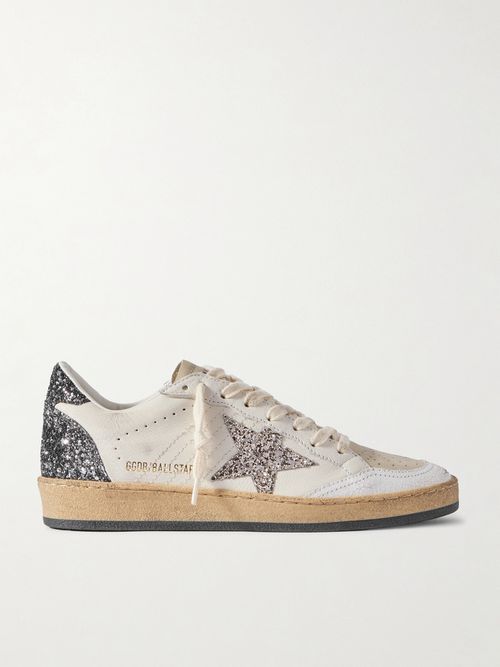 Ballstar Glittered Distressed Leather Sneakers - White
