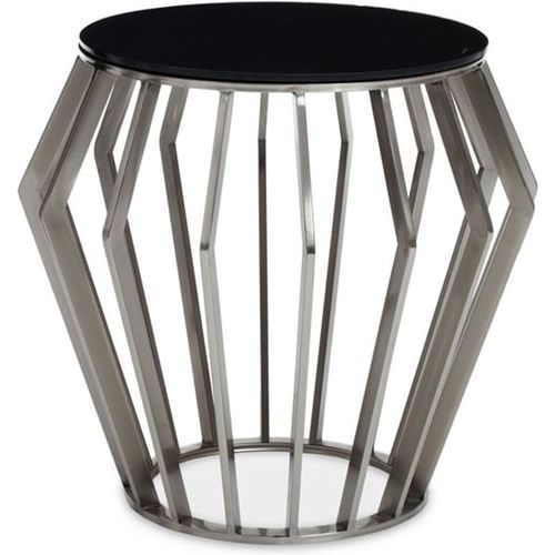 Orion Round Black Glass Top Side Table With Silver Metal Frame