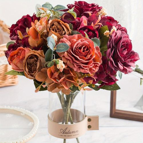 TEMU 2 Packs, 12 Heads Artificial Peony Flowers Retro Silk Rose Flower Hydrangea Vintage Bridal Bouquet Home Wedding Decoration Fake Flower Birthday