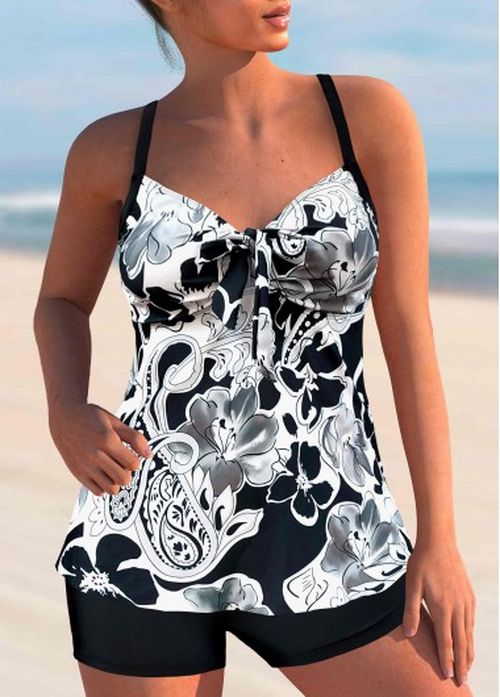 Modlily Paisley Print White Bowknot Tankini Set
