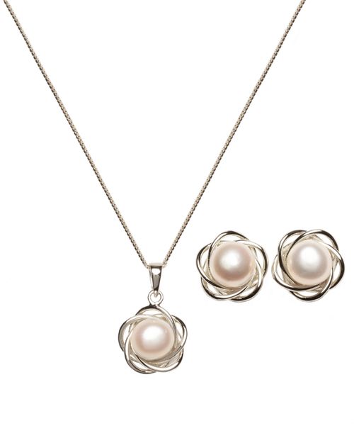 2-Pc. Set Cultured Freshwater Pearl (7mm) Flower Pendant Necklace & Matching Stud Earrings in 18k Gold-Plated Sterling Silver or Sterling Silver - Sil