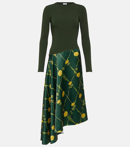 Printed jersey and satin midi dress