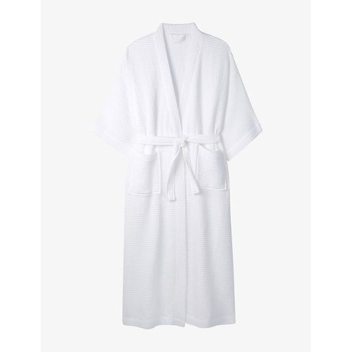 White Waffle-texture Long-length Self-tie Cotton Robe 