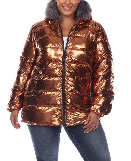 Plus Size Metallic Puffer Coat with Hoodie - Bronze