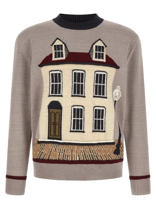House-Motif Jacquard Sweater — Gray