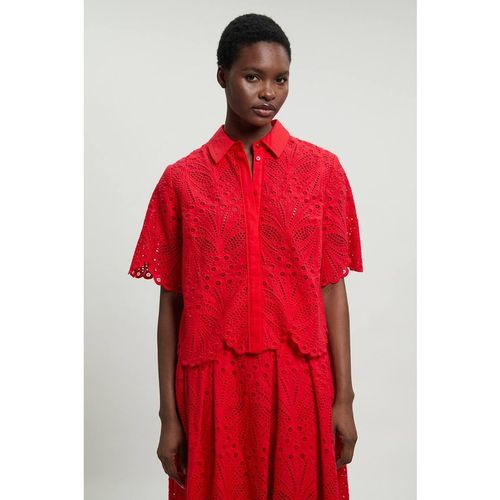 Karen Millen Women's Cotton Broderie Short Sleeve Blouse in Red