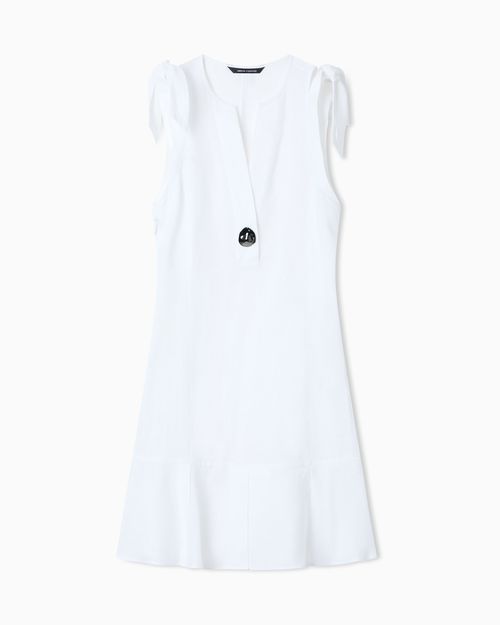 Short Linen Poplin Dress with Button and Bows