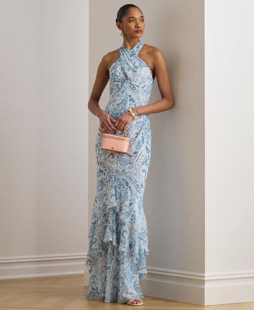 Women's Paisley-Print Halter Neck Maxi Dress - WHITE/BLUE