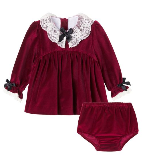Baby lace-trimmed velvet dress and bloomers set