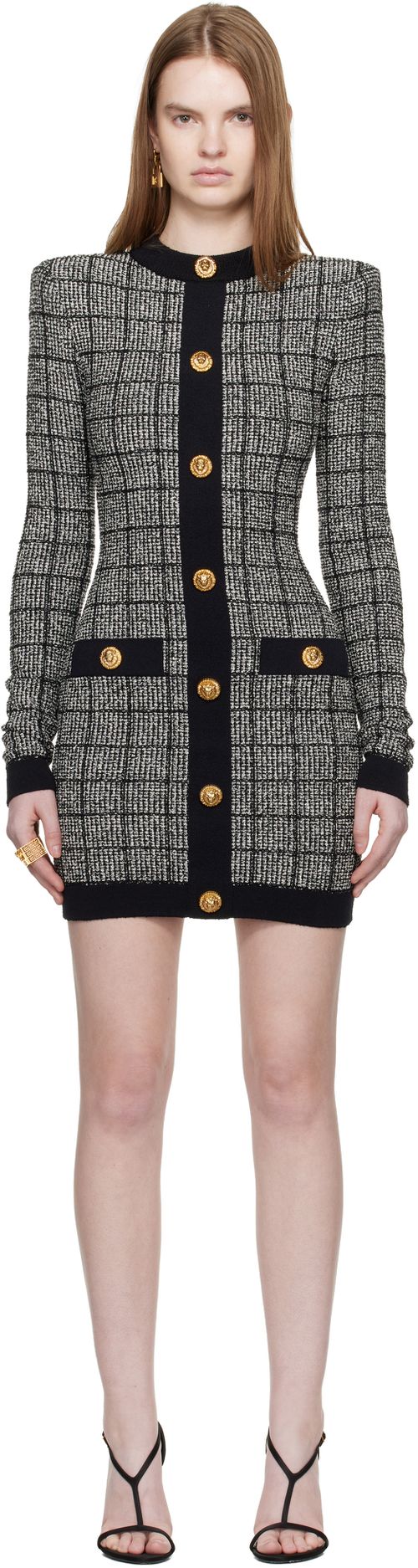 Black & White Buttoned Light Tweed Minidress