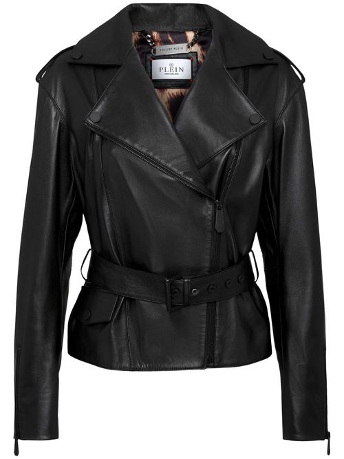 Oversize-logo belted leather-jacket - Black