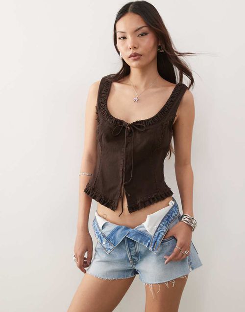 Corset tie front top in washed brown