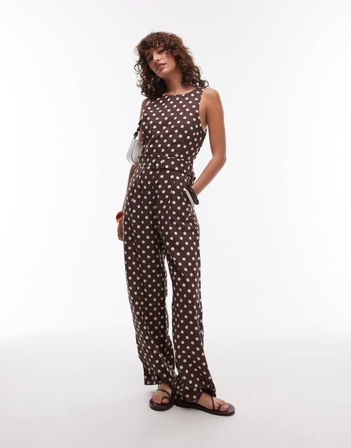 Mango straight leg high neck polkadot jumpsuit in brown