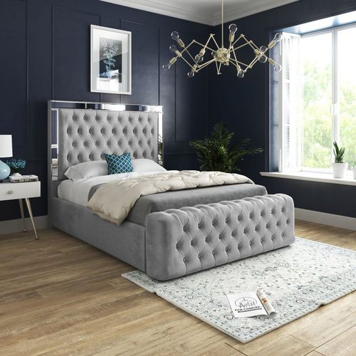 Marino Mirror Upholstered Soft Velvet Grey Bed Frame
