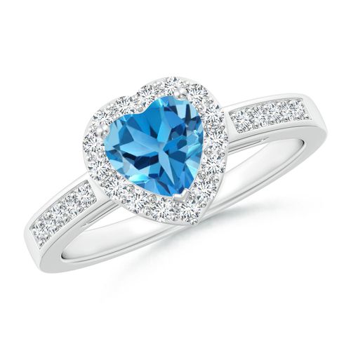 Angara 0.92 Carat Heart-Shaped Swiss Blue Topaz Halo Ring with Diamond Accents in Platinum