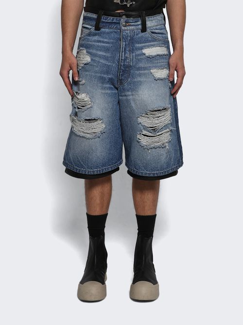 Stacked Denim And Leather Shorts Blue