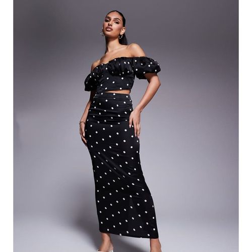 Kaiia Womens exclusive bodycon satin maxi skirt co-ord in black polka dot