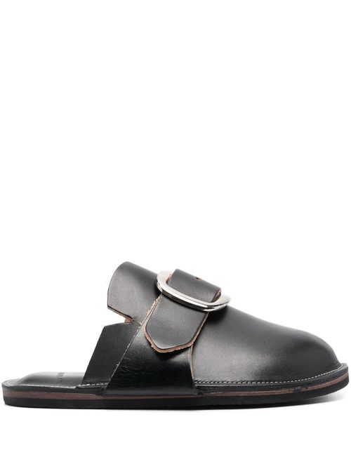 Decorative-buckle leather slippers - Black