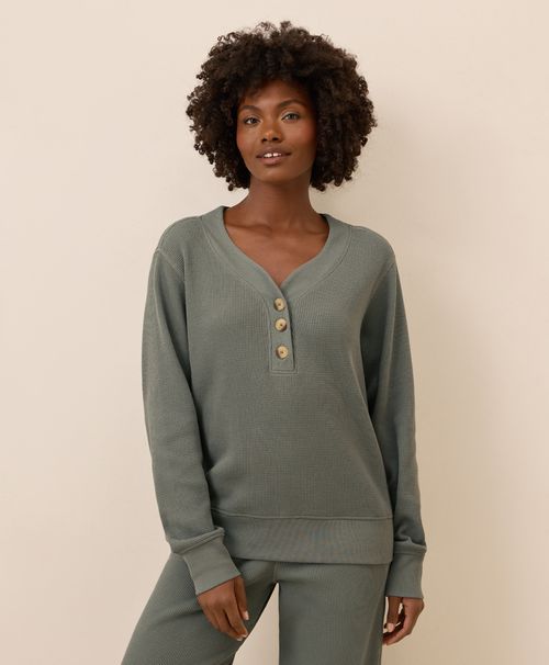 Women's Castor Green Thermal Waffle Henley Pullover