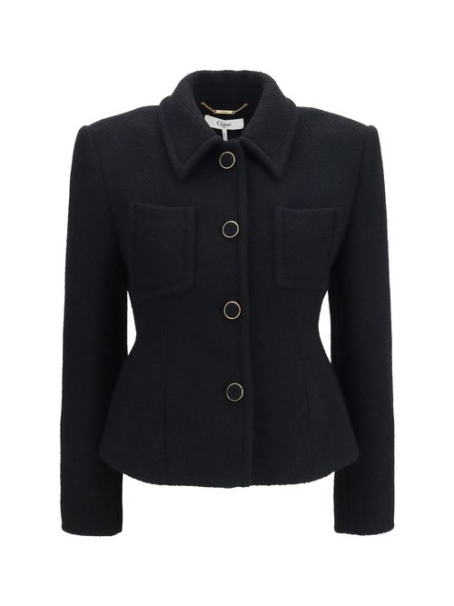 Cropped Single-Breasted Tweed Blazer — Black
