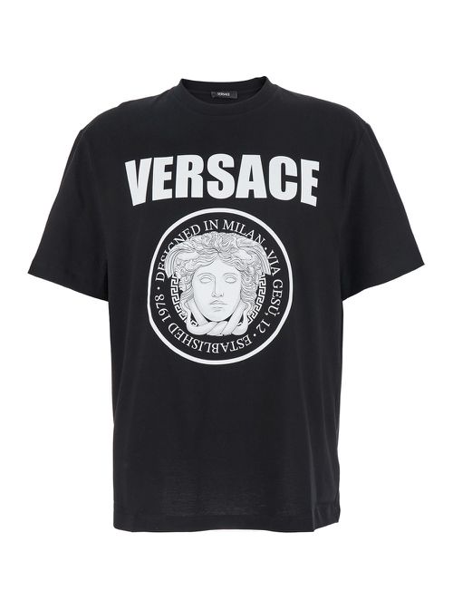 Black Crewneck T-shirt With Maxi Logo Print On The Front In Cotton Man