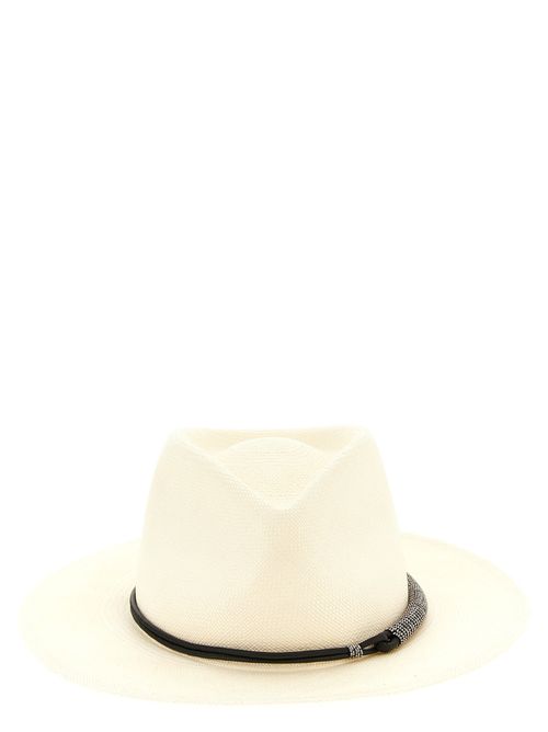 BR326976BM Leather-Trimmed Woven Fedora — Beige