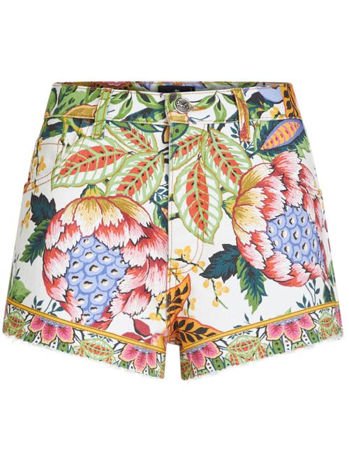 Bouquet-print denim shorts - Green