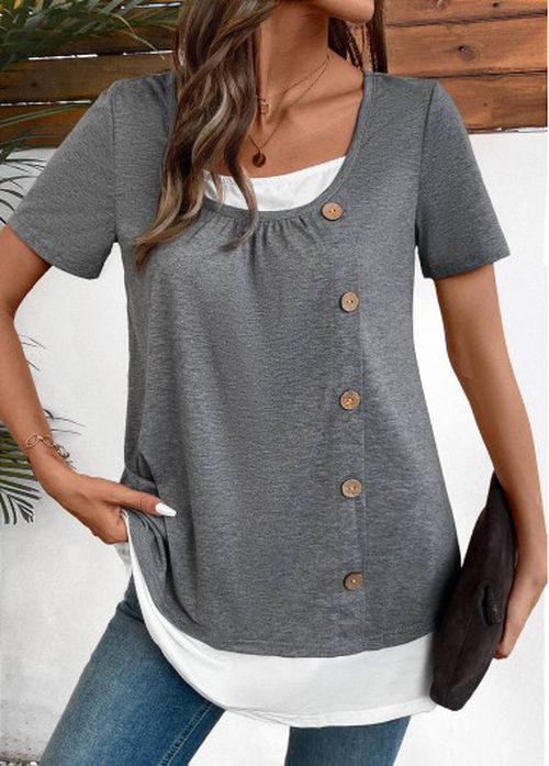 Modlily Plus Dark Grey Marl Patchwork Short Sleeve Blouse - 3X