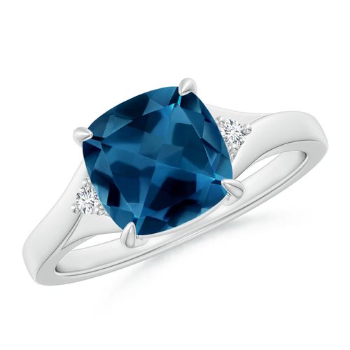 Angara 2.5 Carats Split Shank Cushion London Blue Topaz Solitaire Ring in Platinum