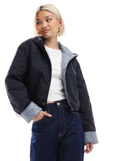 Hooded cropped jacket with gingham lining in navy-Neutral