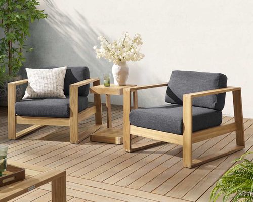 Rio Outdoor Teak 2 Lounge Chairs with C-Side Table, Slate, Treated Solid Teak Wood, Durable, Multi Color