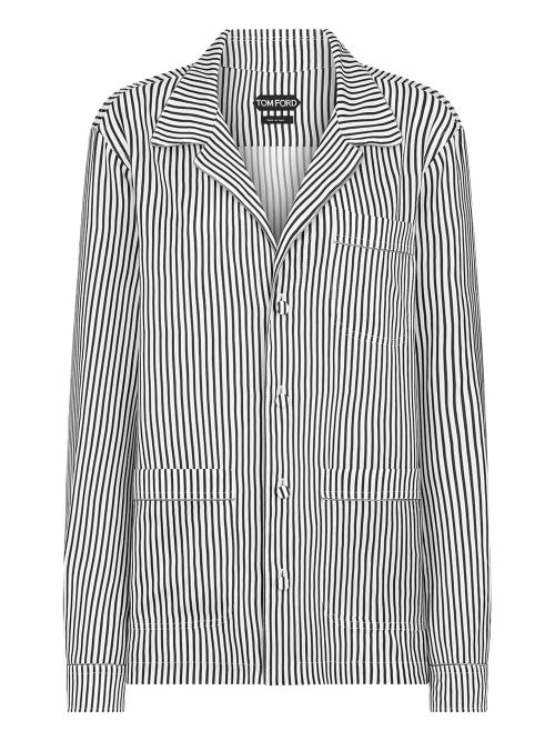 Striped Silk Pj Shirt With Piping And Tonal Tf Embroidered Lo