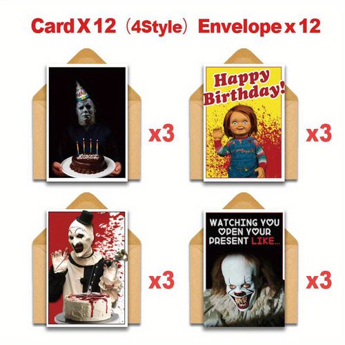 TEMU 24pcs Horror Movie Character Birthday Greeting Cards With Envelopes, Note Card For Colleague, Birthday Card, Horror Themed Gifts, Party