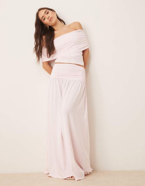 Mix & match dropped waist ruched maxi skirt in pastel pink