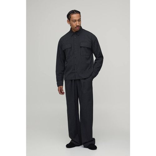 Pinstripe Oversized Shirt & Wide Leg Pleat Front Trouser Set | Charcoal | Mediu