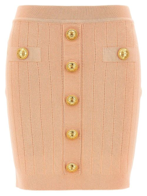 Gold-Button Ribbed Knit Skirt — Powder Pink