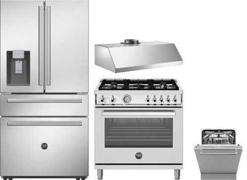 Bertazzoni 4 Piece Kitchen Appliances Package with French Door Refrigerator, Dual Fuel Range and Dishwasher in Stainless Steel BERERADWRH1176
