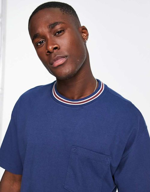 Tipped neck pocket oversized t-shirt in mid blue