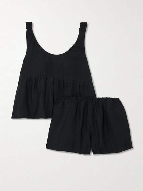 Gathered Linen Pajama Set - Black