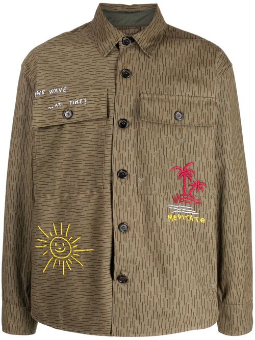 Motif-embroidered cotton shirt - Brown