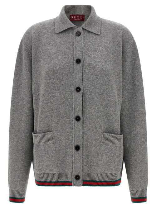Wool and Cashmere Blend with Web Band Detail Cardigan — Gray