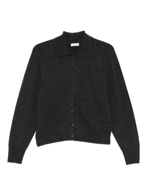 Speckled-Pattern Collared Cardigan — Black