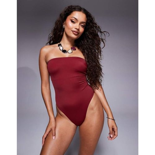 ASOS DESIGN Womens Maya sleek padded bandeau swimsuit in burgundy
